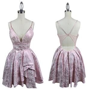 Rachel Allan Pink Metallic Jacquard Homecoming Dress 2 Open Back Fit Flare Party